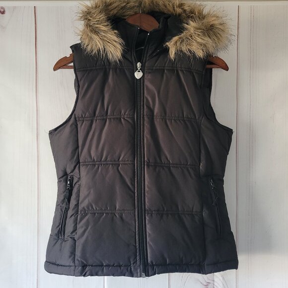 Maurices Women’s L, Quilted Puffer Vest w/ Removable Faux Fur Hood, Black, EUC - Picture 1 of 9